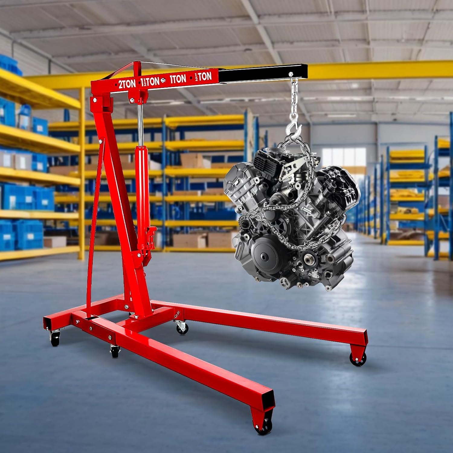 RQR Engine Hoist 2 Ton, Hydraulic Cherry Picker Engine Lift Crane with Leveler, Foldable Shop Crane with Adjustable Boom & 6 Caster Wheels, Heavy Duty Motor Hoist for Garage Engine Jack Lifting