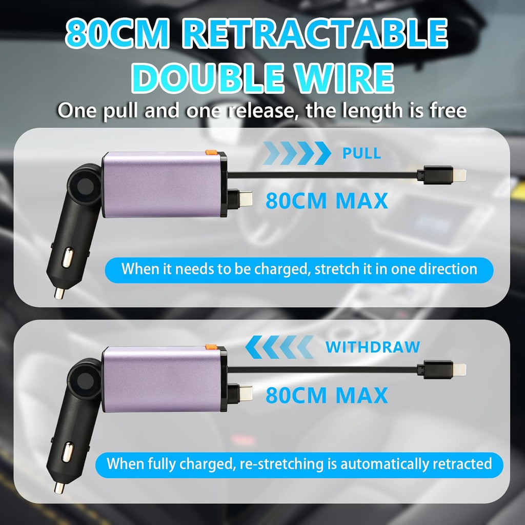 Retractable Car Charger,5 in 1 Fast Cars Phone Charger 60w,Bluetooth 5.3 FM Transmitter Adapter,Handsfree Call,MP3 Player,2 Retractable Cables and USB Chargers, for Phone,Galaxy,Pixel (Purple)