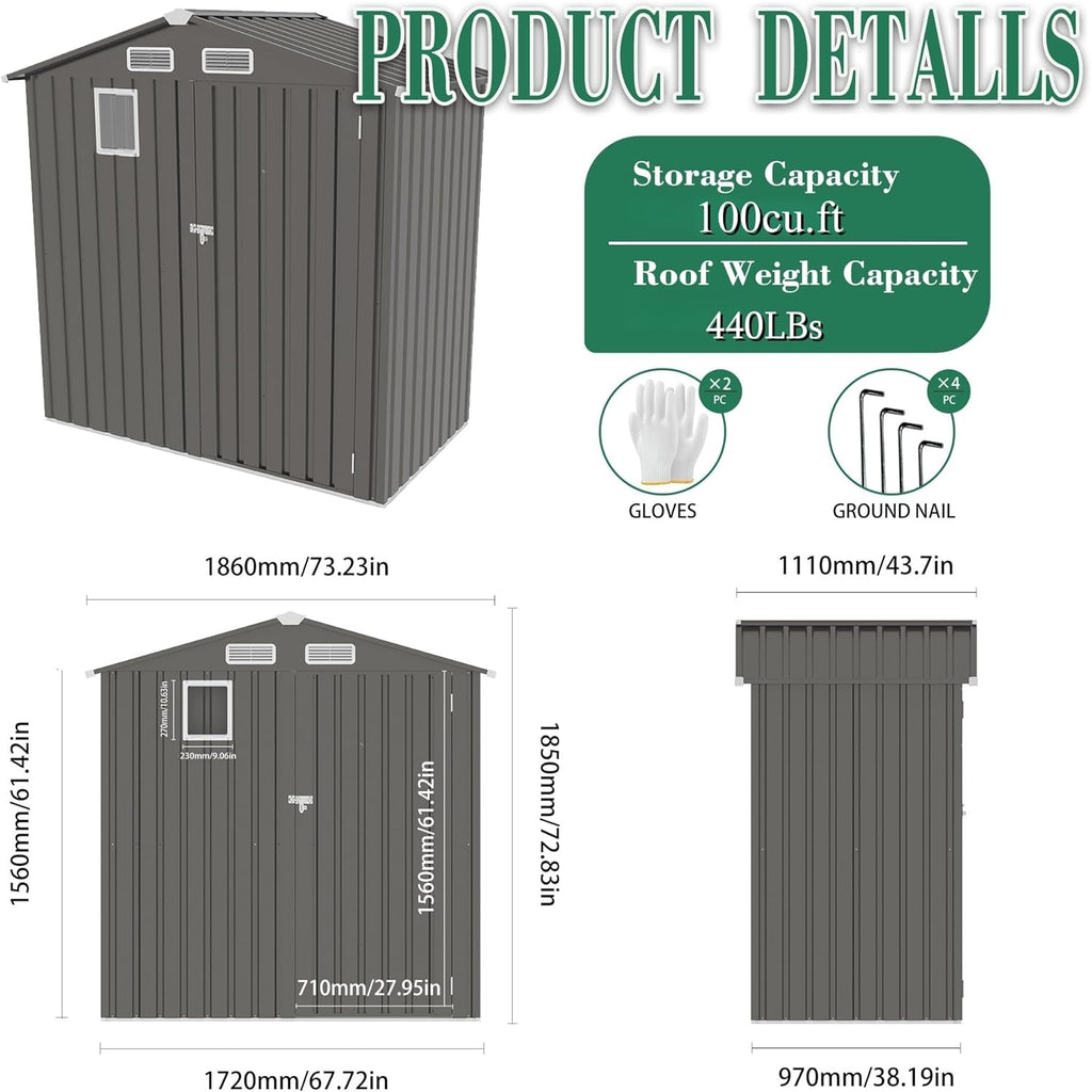 6x3.6FT Outdoor Storage Shed, Galvanized Steel Garden Shed with Lockable Door & Window, Waterproof Metal Tool Storage for Garden, Backyard, Patio, Lawn(Peak Roof)