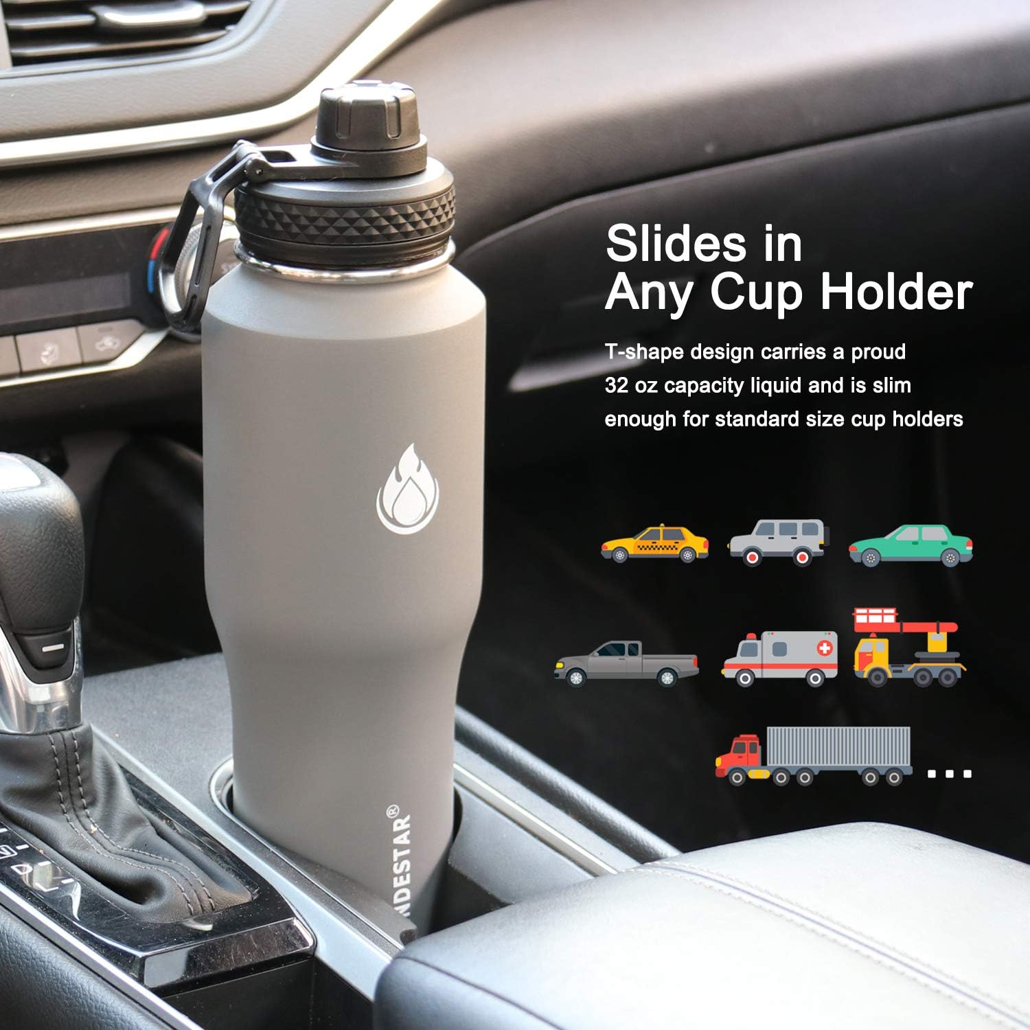 SENDESTAR Water Bottle 32oz,2 Lids(Straw lid),Wide Mouth Stainless Steel Vacuum Insulated Double Wall Keep Liquids Cold or Hot All Day,Sweat Proof Sport Design,Fit Car Cup Holder(Gray)