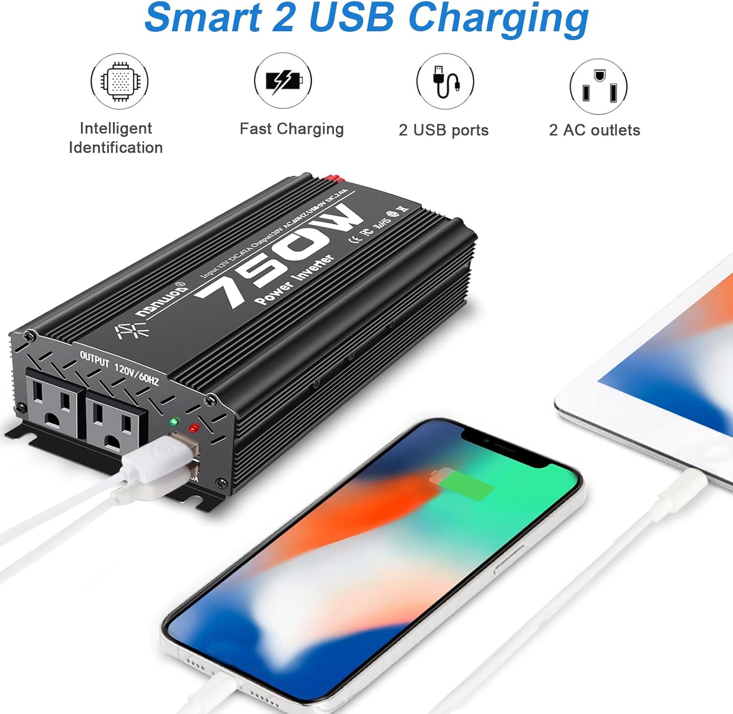 12V to 110V Inverter - 750W Car Inverter with 2 AC Outlets & 2 USB Ports for Trucks & Various Vehicles