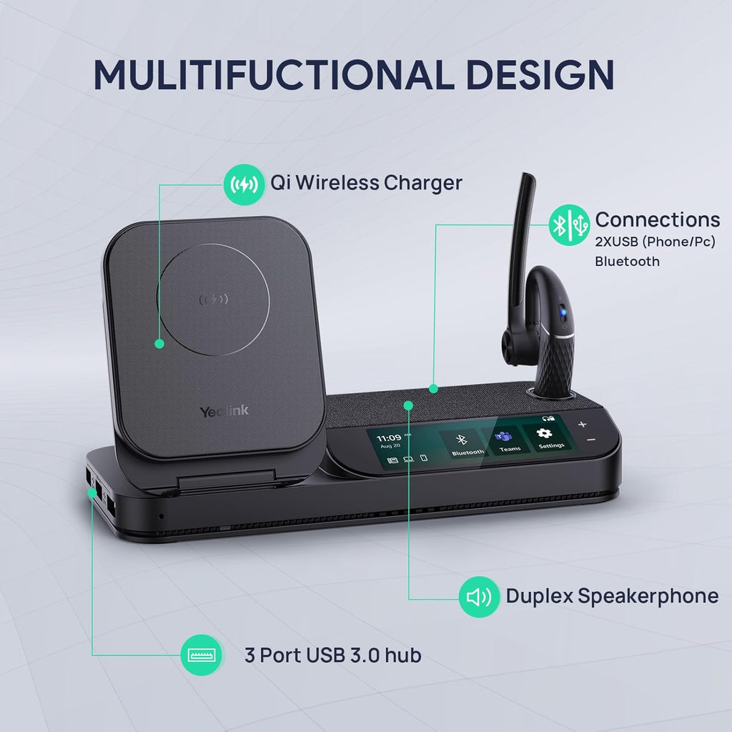 Yealink BH71 Bluetooth Headset Workstation, Office Wireless Headset with Noise Canceling Mic, Speakerphone, Wireless Charging Pad, Charging Case, Connect to Desk Phone, PC, Work with Teams Zoom