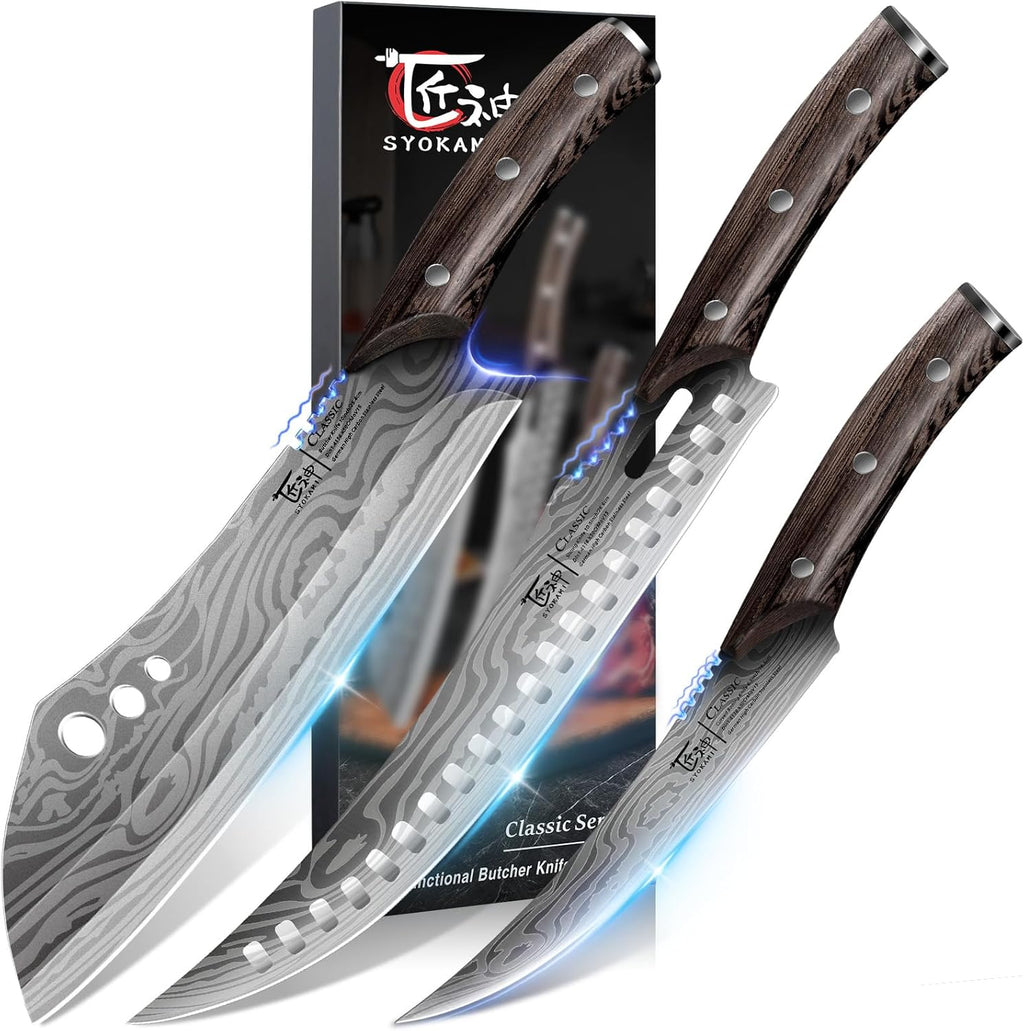 Butcher Knife Set, 3 PCS Kitchen Knife for Meat Cutting, Cleaver, Breaking & Boning Knife, Japanese Style High Carbon Steel Kitchen Knife for Chopping, Slicing, Deboning, House Warming Gifts