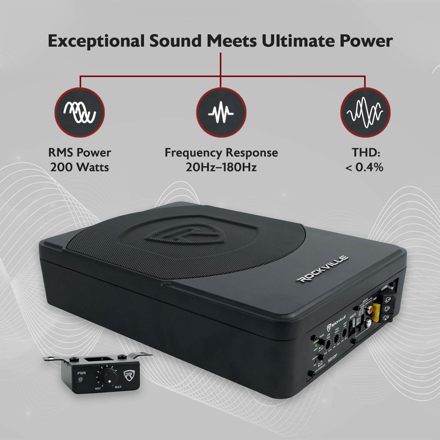 Rockville SS10P 800W Slim Under-Seat Active Car/Truck Subwoofer, Built-in Amp, Wired Remote Bass Knob, Cast Aluminum, for Car Audio Upgrades