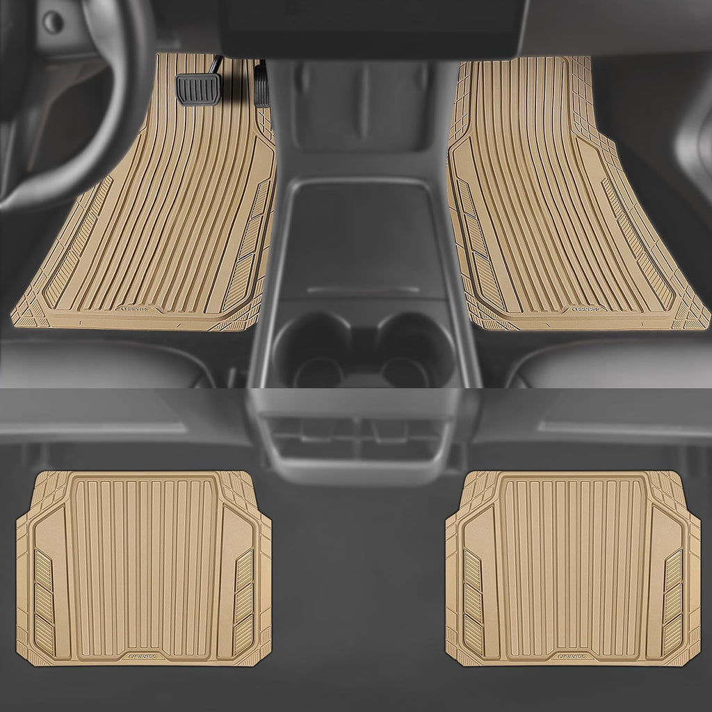 CAR PASS Heavy Duty Sporty Rubber Car Mats, Deep Dish All Weather Car Floor Mats Full Set, Waterproof Anti-Slip Automotive Matts Rugs Trim to Fit for Most Sedans SUVs, 4-Piece All Beige