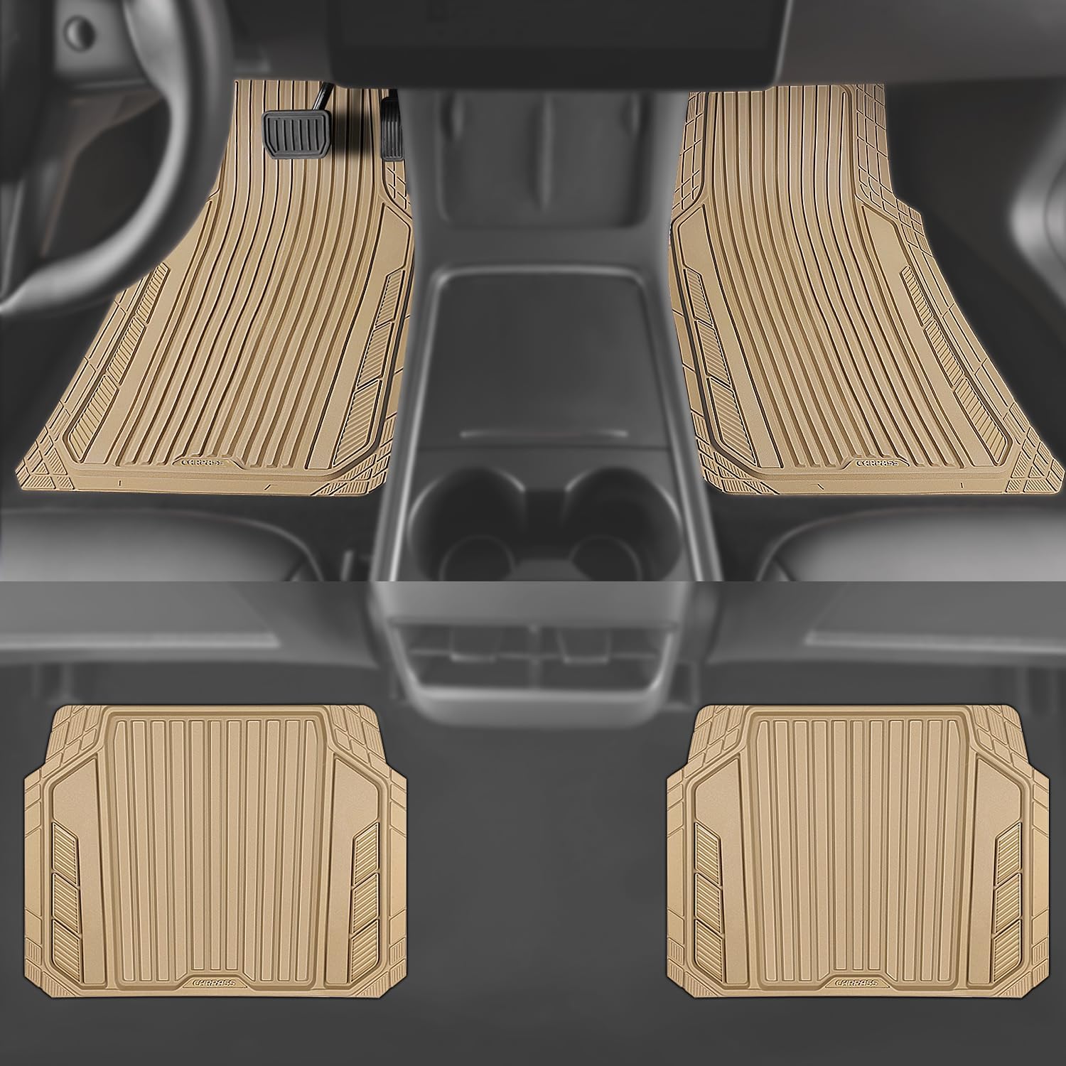 CAR PASS Heavy Duty Sporty Rubber Car Mats, Deep Dish All Weather Car Floor Mats Full Set, Waterproof Anti-Slip Automotive Matts Rugs Trim to Fit for Most Sedans SUVs, 4-Piece All Beige