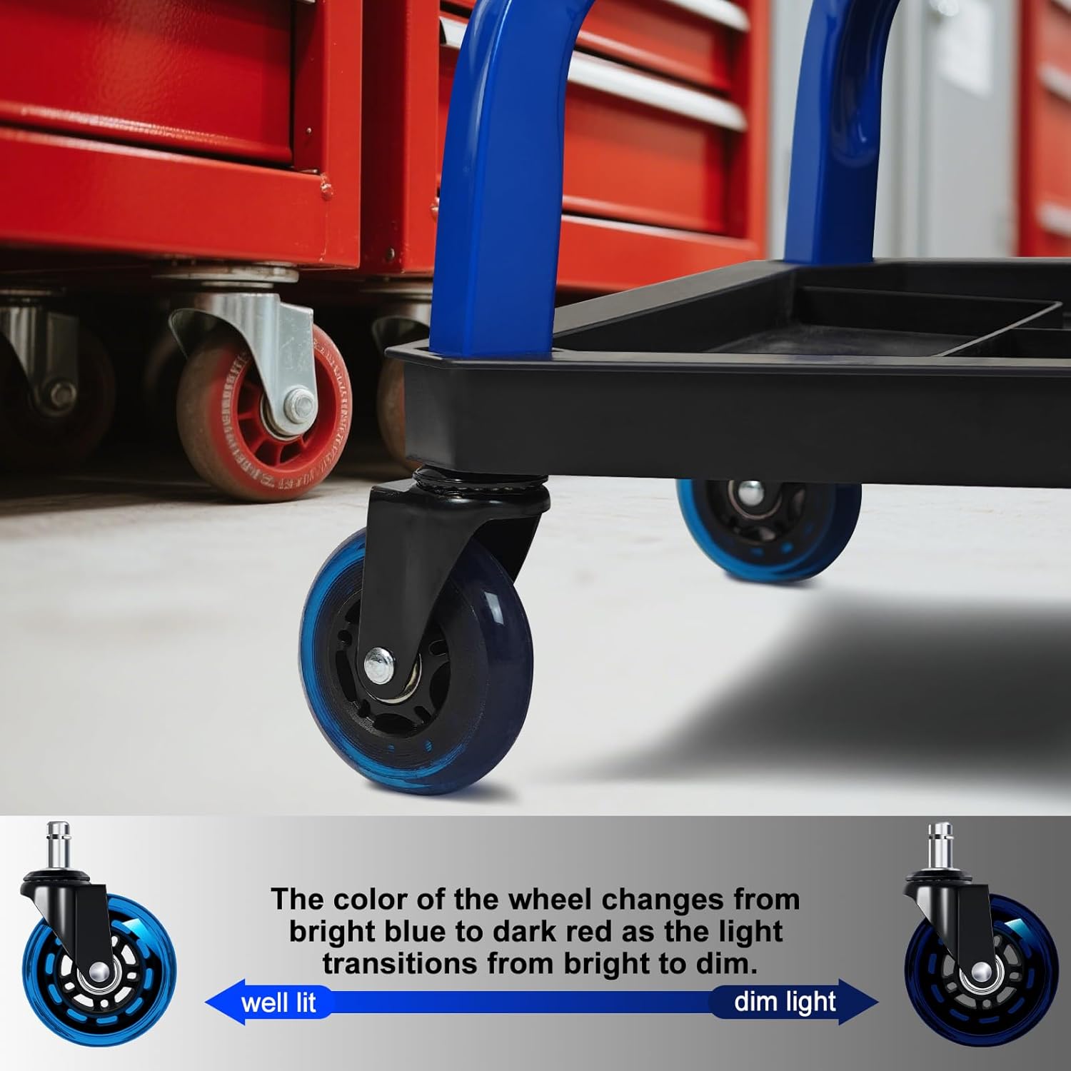 Rolling Stool with Blue Wheels,Heavy Duty Garage Work Mechanic Rolling Shop Stool with Backrest, Adjustable Height 360°Swivel Roller Mechanic Chair with 2 Tool Trays, 330 LBS Capacity