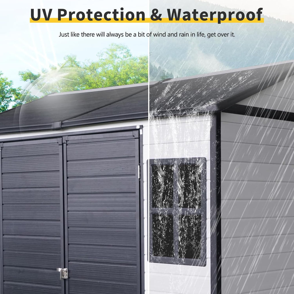 8x6 FT Outdoor Storage Resin Shed with Floor,Waterproof Plastic Garden Bike Shed with Lockable Door, Sloped Roof, Vents & Windows, Easy Assembly Tool Shed for Lawn, Backyard, Patio, White
