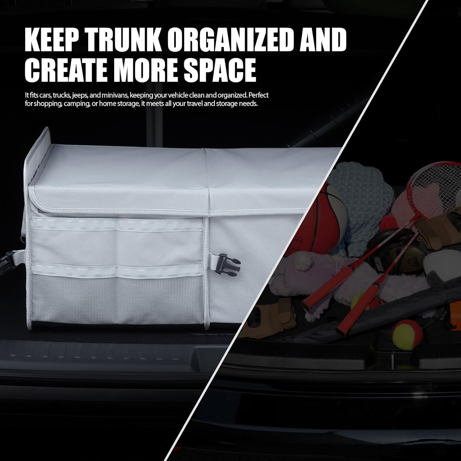 LIBZAKI Car Trunk Storage Organizer, Multi Compartment Collapsible Trunk Storage Box for Car Truck SUV-Gray
