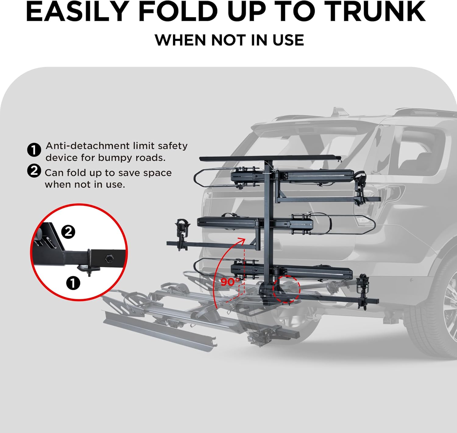 Rockland Foldable 3-Ebike Rack with Ramp, 250 lbs Capacity, Hitch Mount Electric Bike Rack, Fits up to 5" Fat Tire Width and 50" Wheelbase, Ebike Carrier Rack for 2" Receiver for Cars SUVs Vans RVs