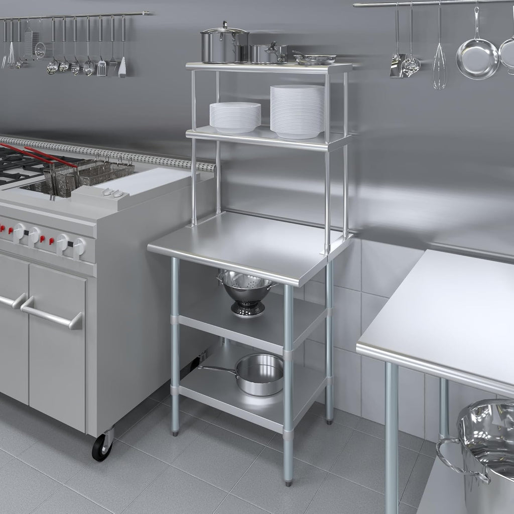 Amgood Stainless Steel Work Table with 2 Shelves | Metal Kitchen Prep Table & Shelving Combo (24" x 30" Table with 2 Shelves + 12" Overshelf)
