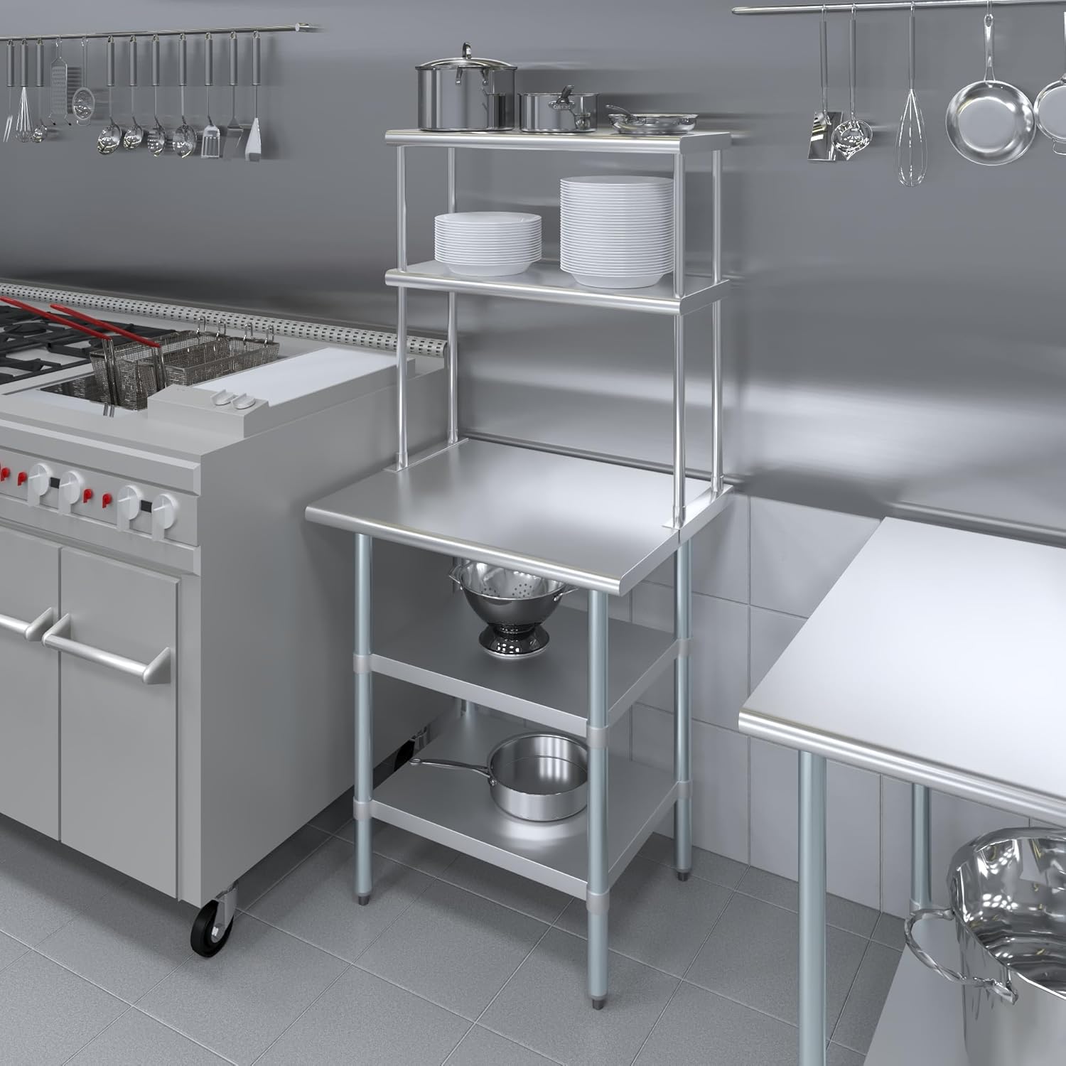 Amgood Stainless Steel Work Table with 2 Shelves | Metal Kitchen Prep Table & Shelving Combo (24" x 30" Table with 2 Shelves + 12" Overshelf)