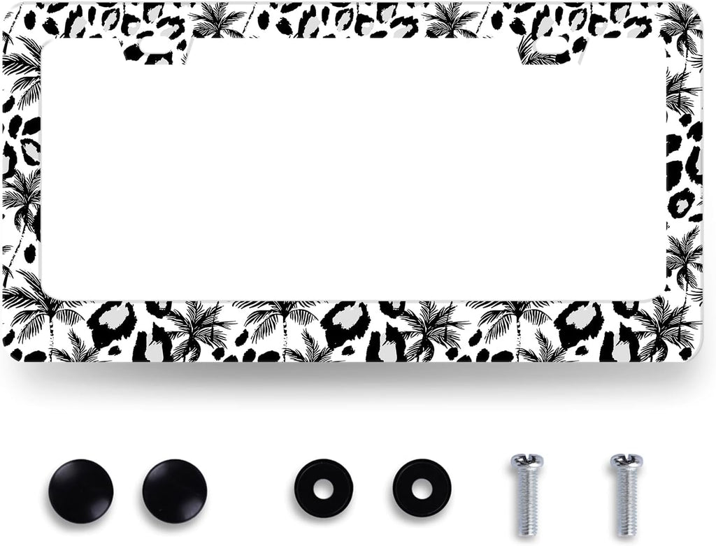 Leopard License Plate Frame Abstract Tropical Palm Trees License Plate Stainless Steel Colorful Car Accessory Funny License Plate Decoration Men Women Size 12.2" x 6.2" with Screws