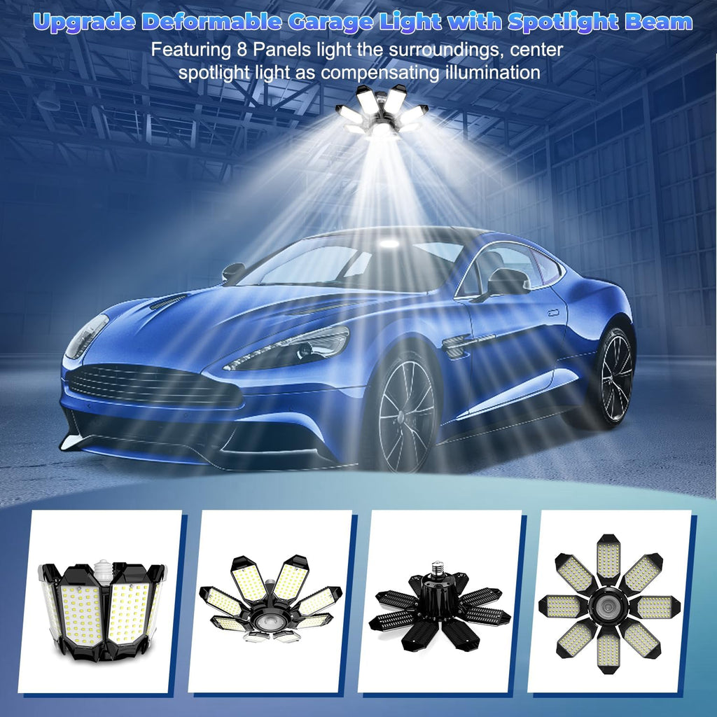 Garage Lights - Super Bright 25000LM Garage Lights Ceiling Led w/ 8 Deformable Panels 6500K Led Light Bulb Srew in E26/E27 Socket with Adjustable Center Spotlight for Barn Workshop Attic