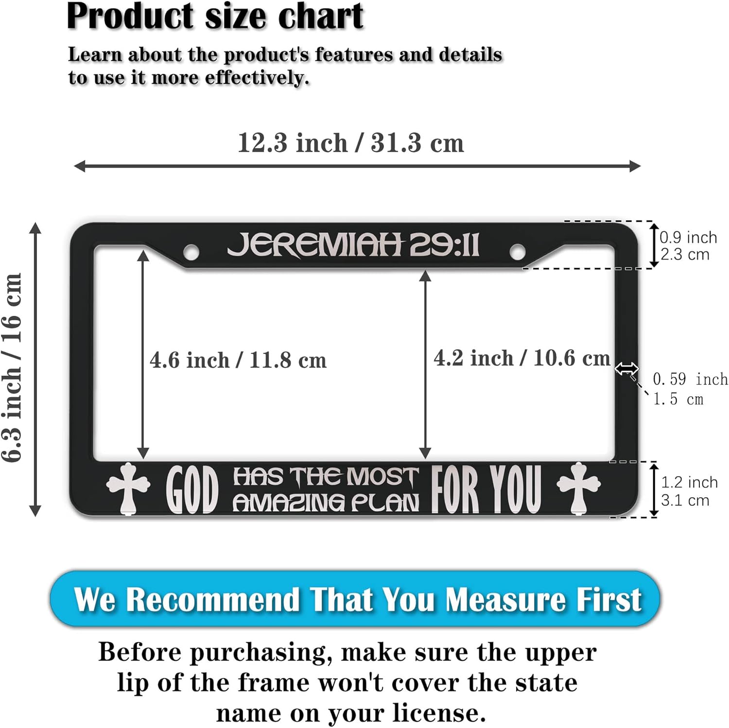 Plate Cover for Car Black and White License Plate Frames Jeremiah 29:11 God Has The Most Amazing Plan for You Aluminum Metal Car Accessory 2 Pack with Screw Covers Set