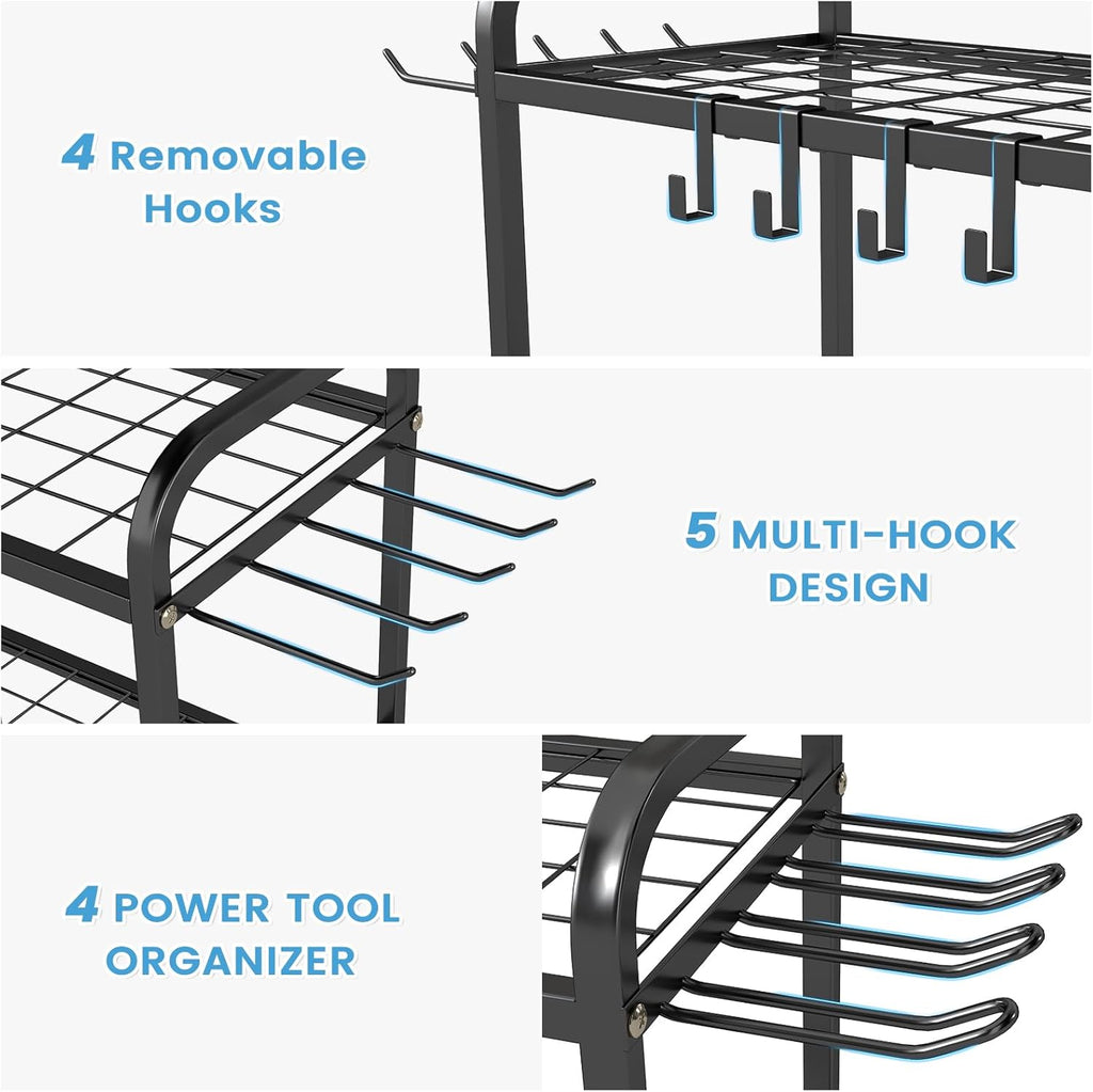 Hadulcet Garden Tool Organizer, Metal Garage Organization and Storage with Lockable Wheels, Garden Tool Rack with Storage Hooks, Heavy Duty Yard Tool Organizer for Garage, Shed, Lawn, Outdoor, Black