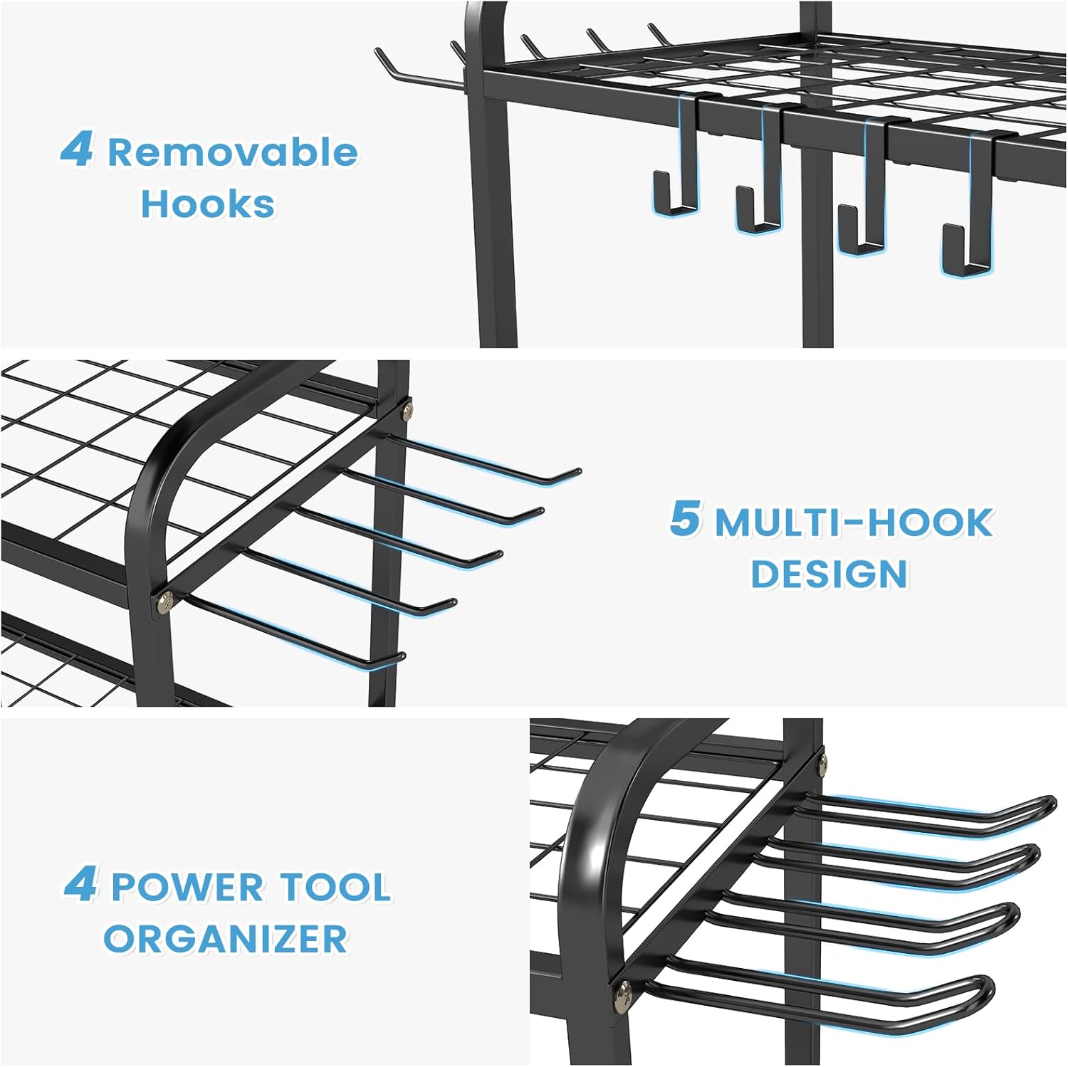 Hadulcet Garden Tool Organizer, Metal Garage Organization and Storage with Lockable Wheels, Garden Tool Rack with Storage Hooks, Heavy Duty Yard Tool Organizer for Garage, Shed, Lawn, Outdoor, Black