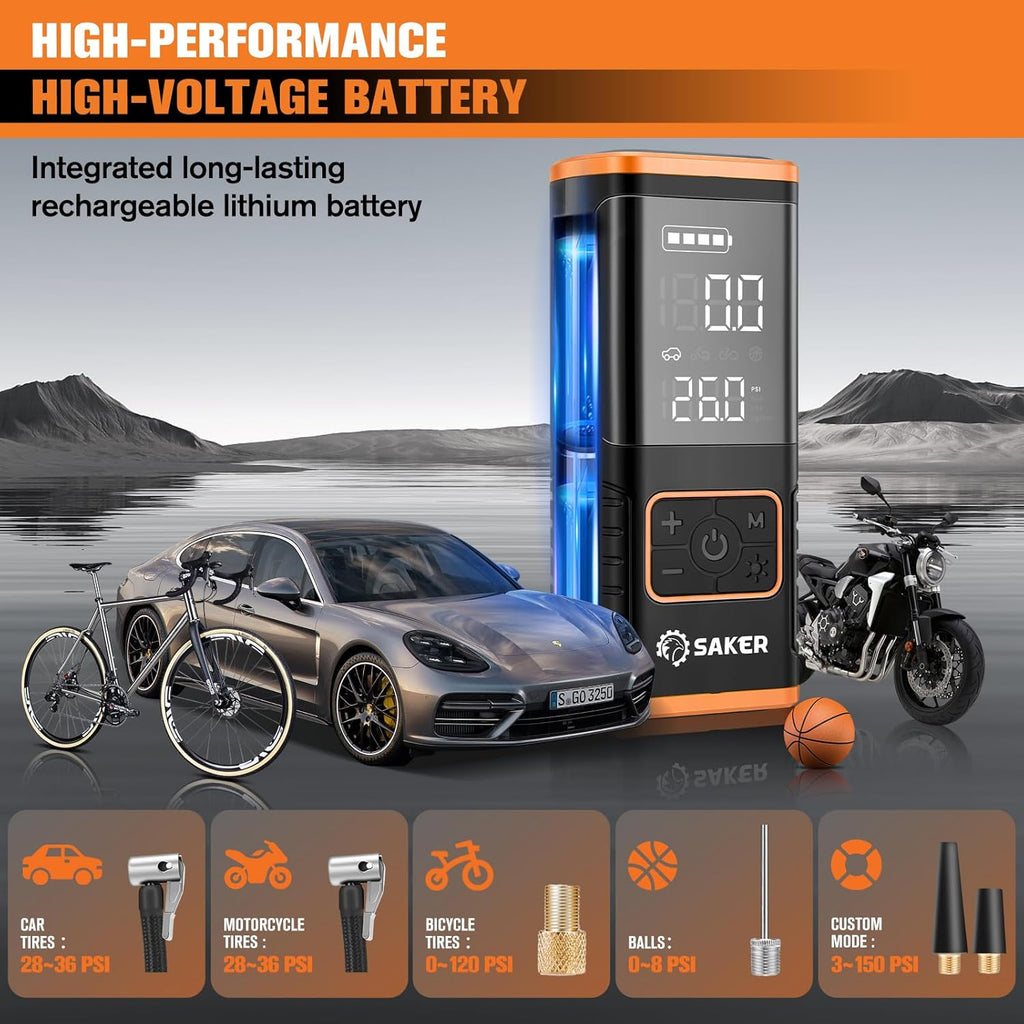 Saker Tire Inflator Portable Air Compressor - 150PSI Car Tires Air Pump with Tire Pressure Gauge Led Light, 7500mAh Battery & 12V DC Smart Tire Inflator for Car, Motorcycle, Bike Tire, Ball