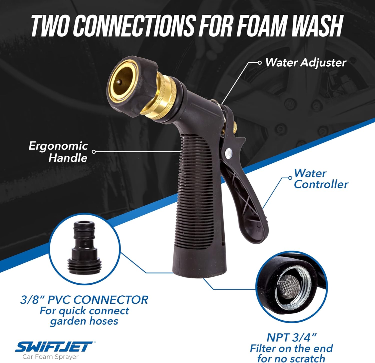 SwiftJet Car Wash Foam Gun + Microfiber Wash Mitt - Car Foam Sprayer - Car Wash Kit - Foam Cannon Garden Hose Sprayer - Car Accessories for Men - Snow Foam Blaster (Blue Foam Gun with Mitt)