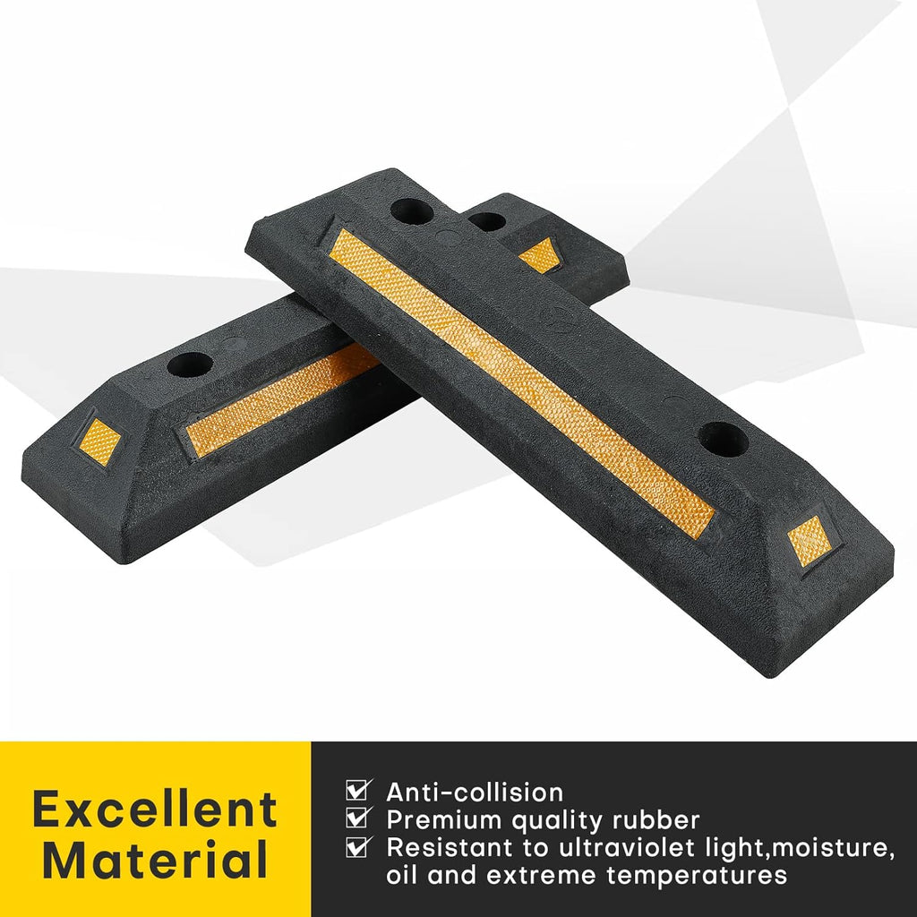 4 Pack Rubber Parking Guide Blocks | Heavy Duty Black Parking Blocks Parking Target Guide with Yellow Reflective Stripes, Wheel Stop Stoppers for Car, Truck, RV, Trailer, and Garage (4 Pack)