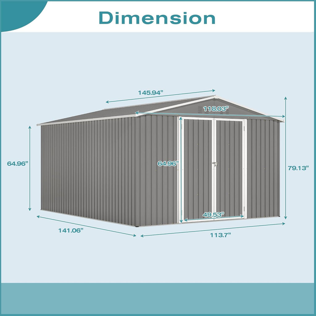 Large Outdoor Storage Shed, 10' X 12' Metal Galvanized Steel Garden Shed with 4 Vents, Utility Tool Shed Storage House for Backyard, Patio, Lawn