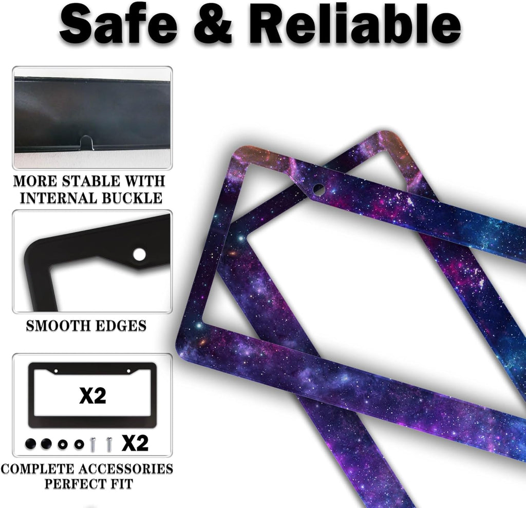 License Plate Frames for Men Multicolor License Plate Cover for Women Galaxy Aluminum Metal Car Accessory 2 Pack with Screw Covers Set