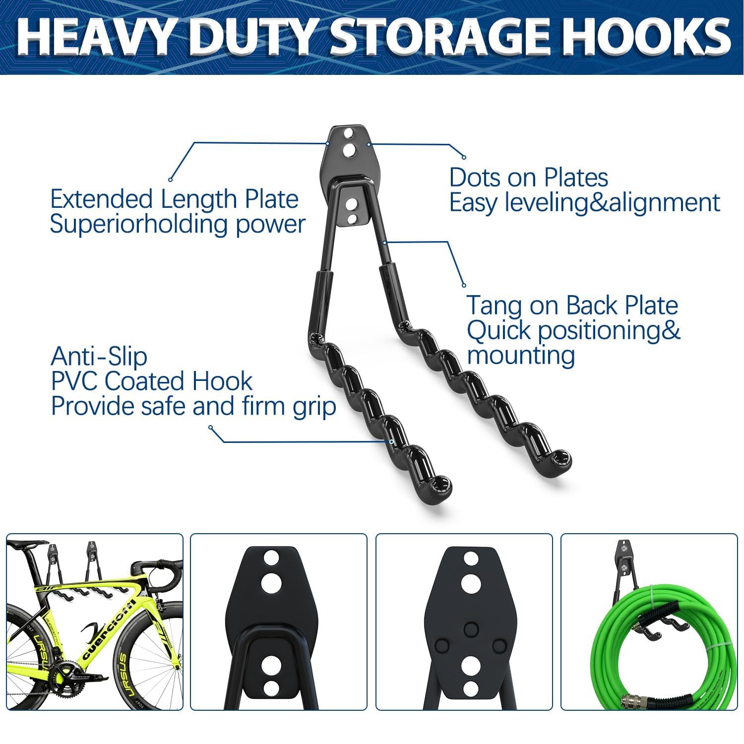 3-H Garage Wall Hooks 42 Pack, Heavy Duty Garage Hooks with Extra Welding Spots, Wall Mount Storage Organizer for Hanging Garden Lawn Tools, Ladder, Bike, WeedEater, Chair, Shovel, Blower (Black)