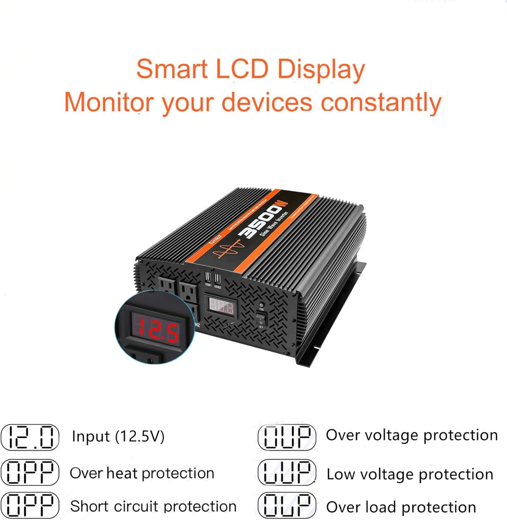 3500W Pure sine Wave Inverter 3500 watt Inverter 12 Volt Inverter RV Inverter Solar Inverter 12V to 120V Inverter 3500 watt Inverter Power Inverter with 4 Power outlets