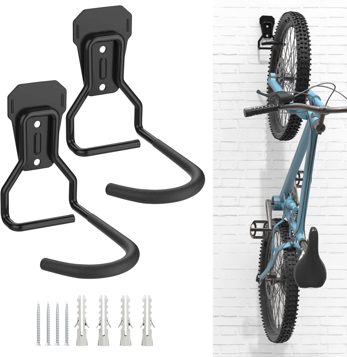 Bike Wall Mount with Fixed Hook, [2 Pack] Heavy Duty Bike Storage Rack, Bike Rack Vertical Stand for Garage - Easily Hang/Detach - with Screws Iron Bike Hanger Brackets
