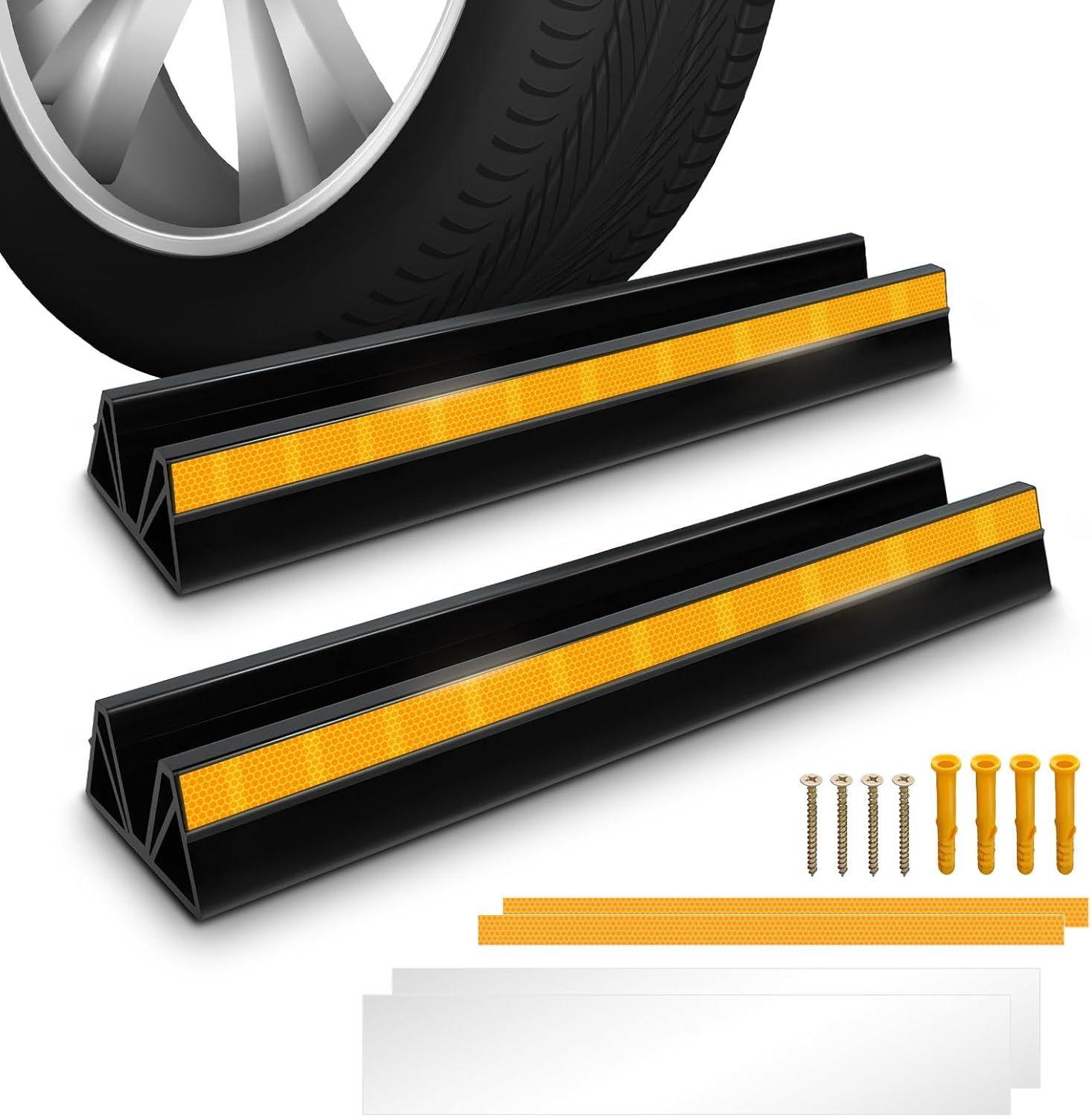 2 Pcs 18'' Parking Car Wheel Stopper for Garage with 2 Installation Methods, Heavy Duty Tire Stops with Reflective Tapes, Car Parking Aids for Garage, Easy to Install