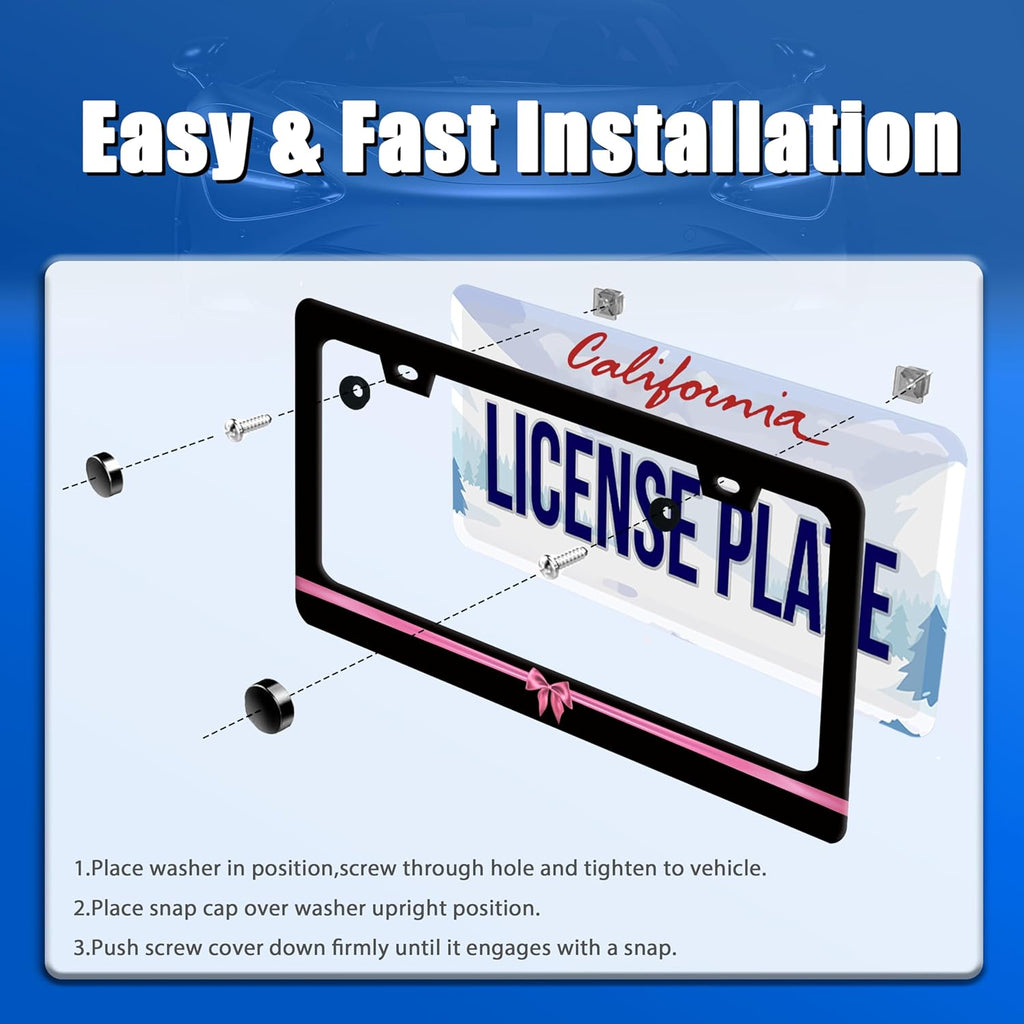 Pink License Plate Frame Cute License Plate Stainless Steel Black Funny License Plate Holder Women Personalized Car Accessory Decoration 12.3" x 6.3"