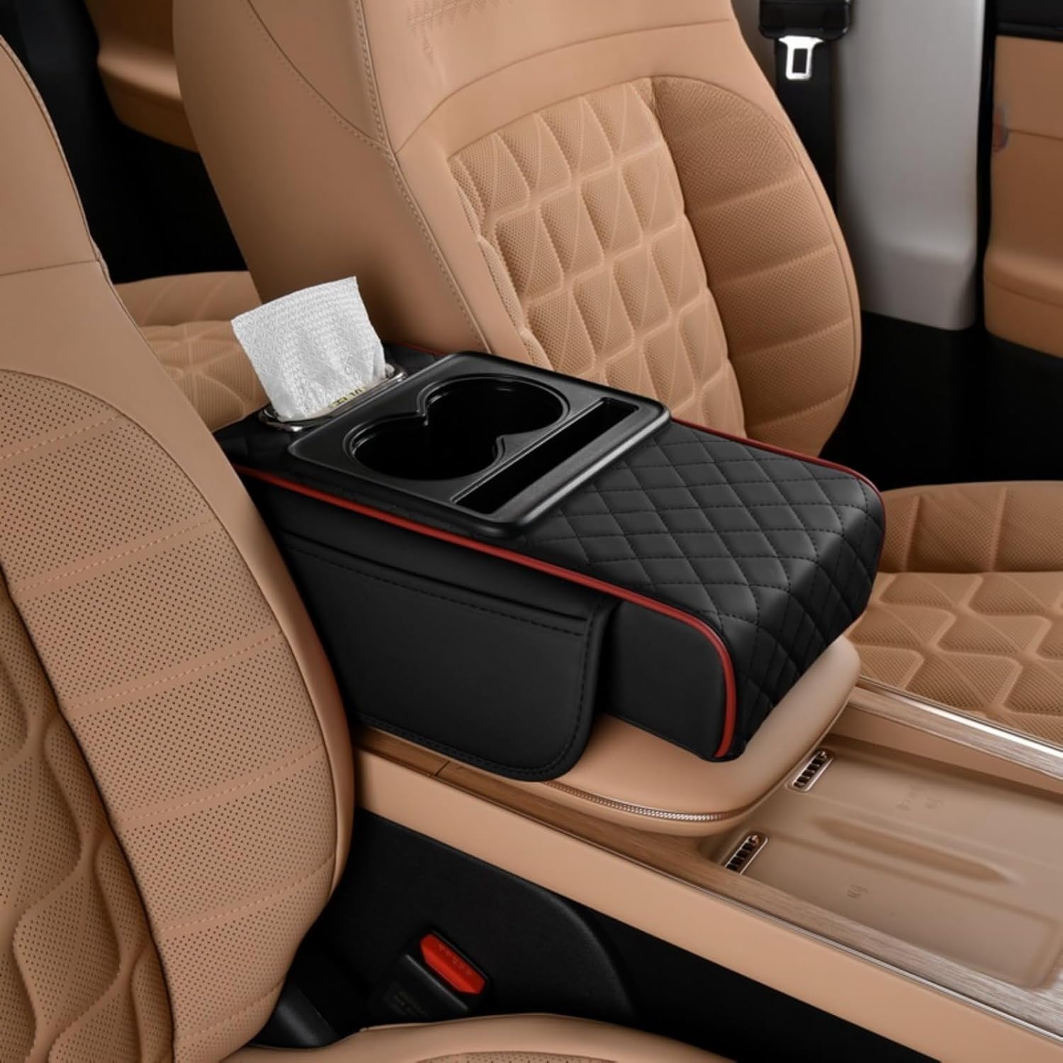 Car Center Console Cover Booster Multifunctional Car Center Console Cushion Pad with Cup Holder & Tissue Box & Side Pockets Arm Rest Cover for Car, Quilting, Black-red