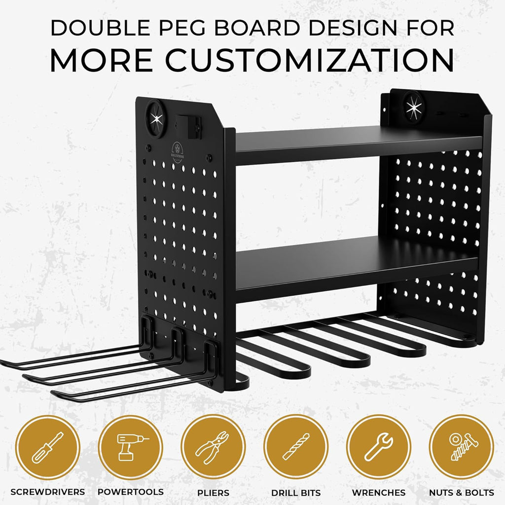 Power Tool Organizer-6 Drill Holder Wall Mount, 3 Tier Heavy-Duty Hand Tool Storage Rack, Utility Racks, Drill Holder, 2 Pegboard Sides - Garage Storage Cordless Tool Organizer (Black)