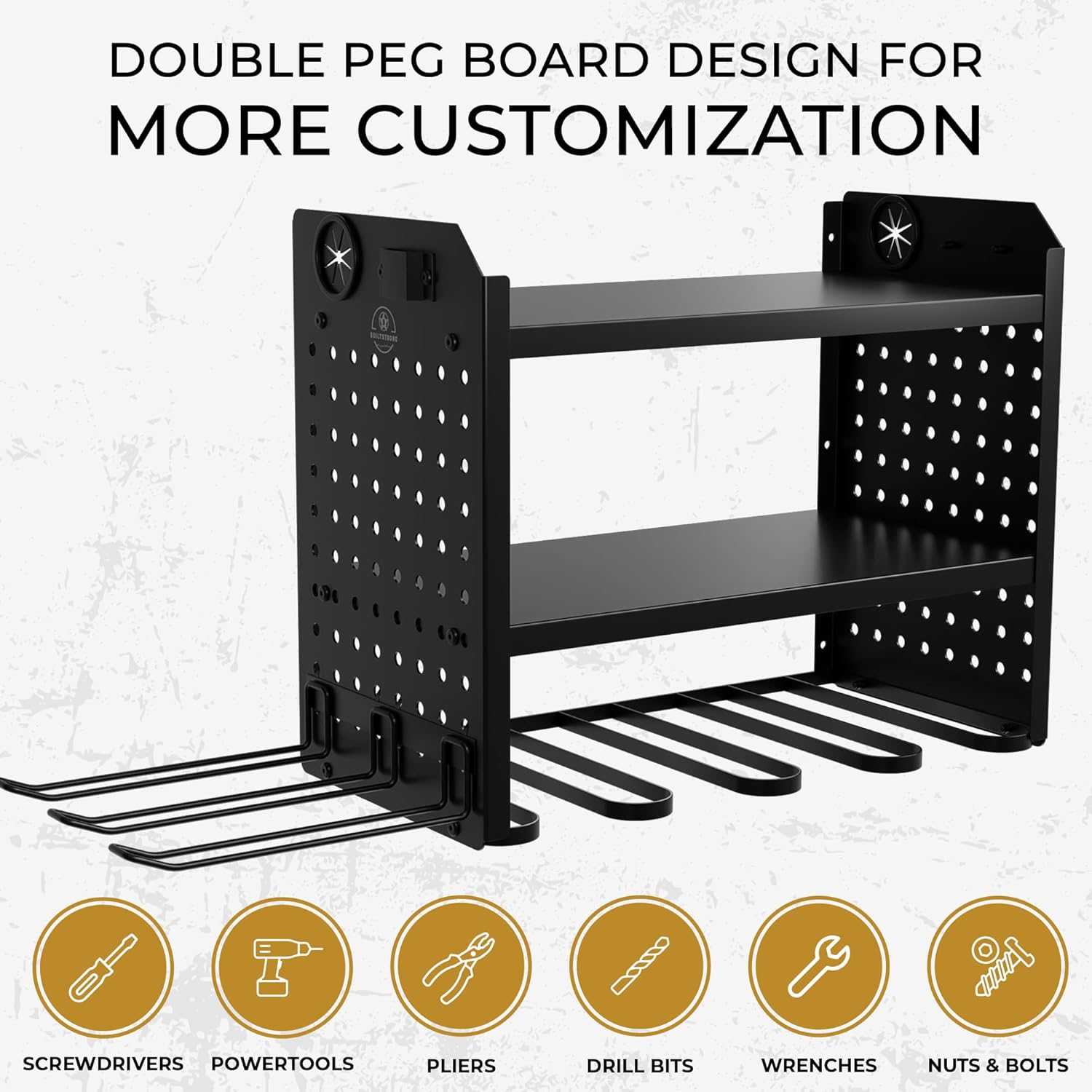 Power Tool Organizer-6 Drill Holder Wall Mount, 3 Tier Heavy-Duty Hand Tool Storage Rack, Utility Racks, Drill Holder, 2 Pegboard Sides - Garage Storage Cordless Tool Organizer (Black)
