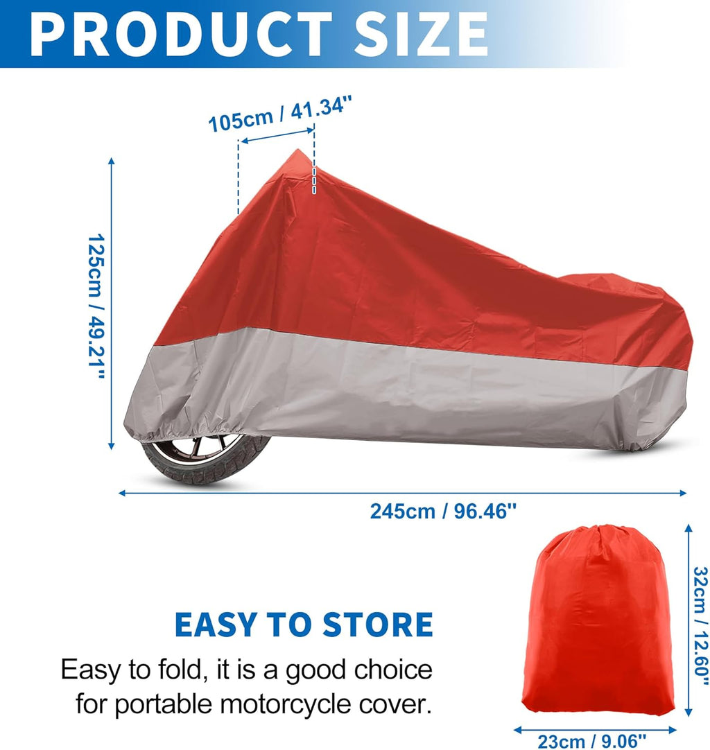 X AUTOHAUX Motorcycle Cover for Harley Davidson for Honda for Suzuki All Season Waterproof Sun Outdoor Protection Motorbike Cover Fits Up to 96.46'' Motorcycles Cover XL Red Silver Tone