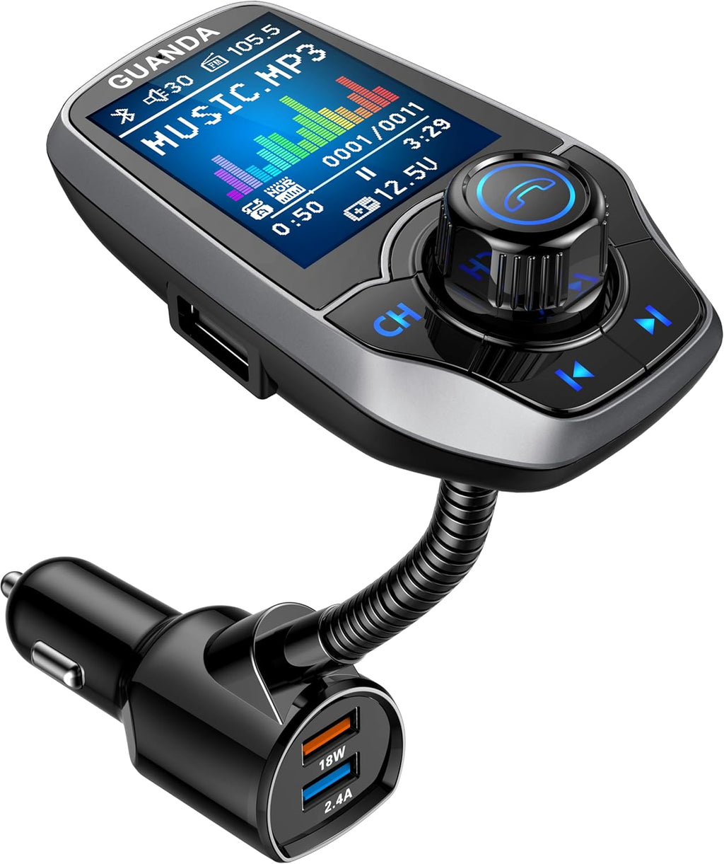 Upgraded Bluetooth FM Transmitter for Car, Wireless Radio Adapter Kit W 1.8" Color Display Hands-Free Call AUX in/Out SD/TF Card USB Fast Charging 18W for All Smartphones Audio Players - Pewter