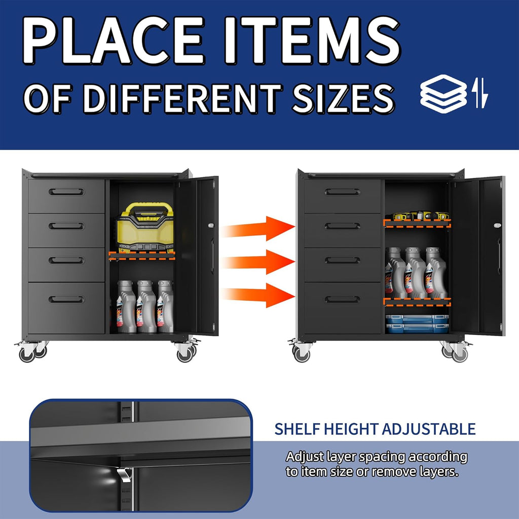 Metal Tool Cabinet,Garage Storage Cabinet System,Wall Cabinet & Locking Rolling Tool Cabinet with Doors and Adjustable Shelves,Steel Tool Cabinets for Home,Office (2 Pcs-Styled, Black)