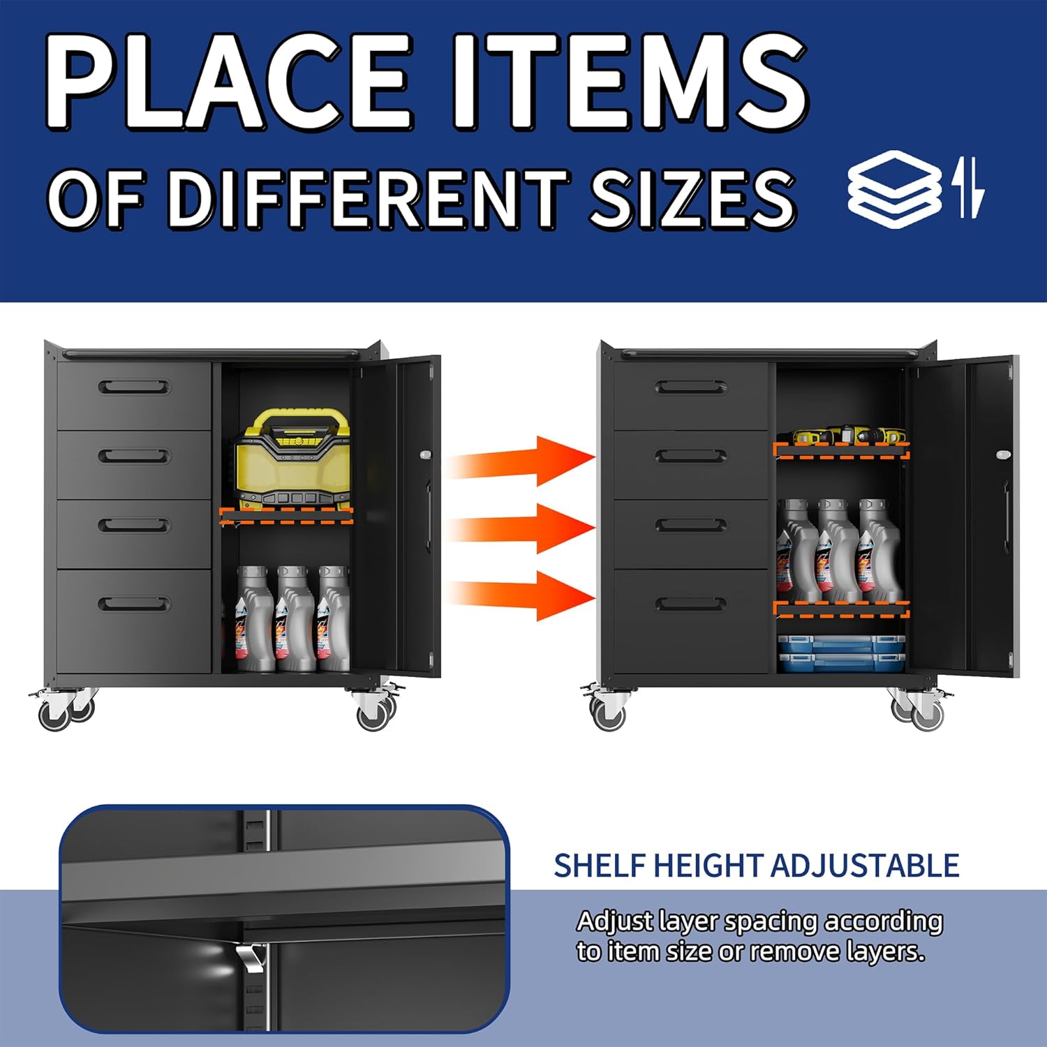 Metal Tool Cabinet,Garage Storage Cabinet System,Wall Cabinet & Locking Rolling Tool Cabinet with Doors and Adjustable Shelves,Steel Tool Cabinets for Home,Office (2 Pcs-Styled, Black)