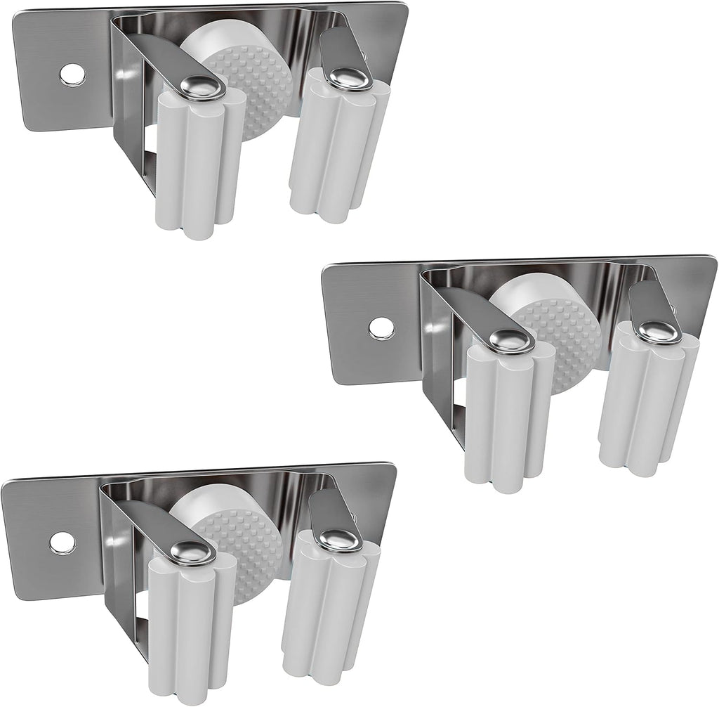 Self Adhesive Broom and Mop Holder Wall Mounted – SUS304 Stainless Steel 2-Slot Organizer with Anti-Slip Rubber Grips, 25lb Load, Adjustable for 0.6–1.4" Handles, Garage Kitchen Bathroom Use, 3 Pack