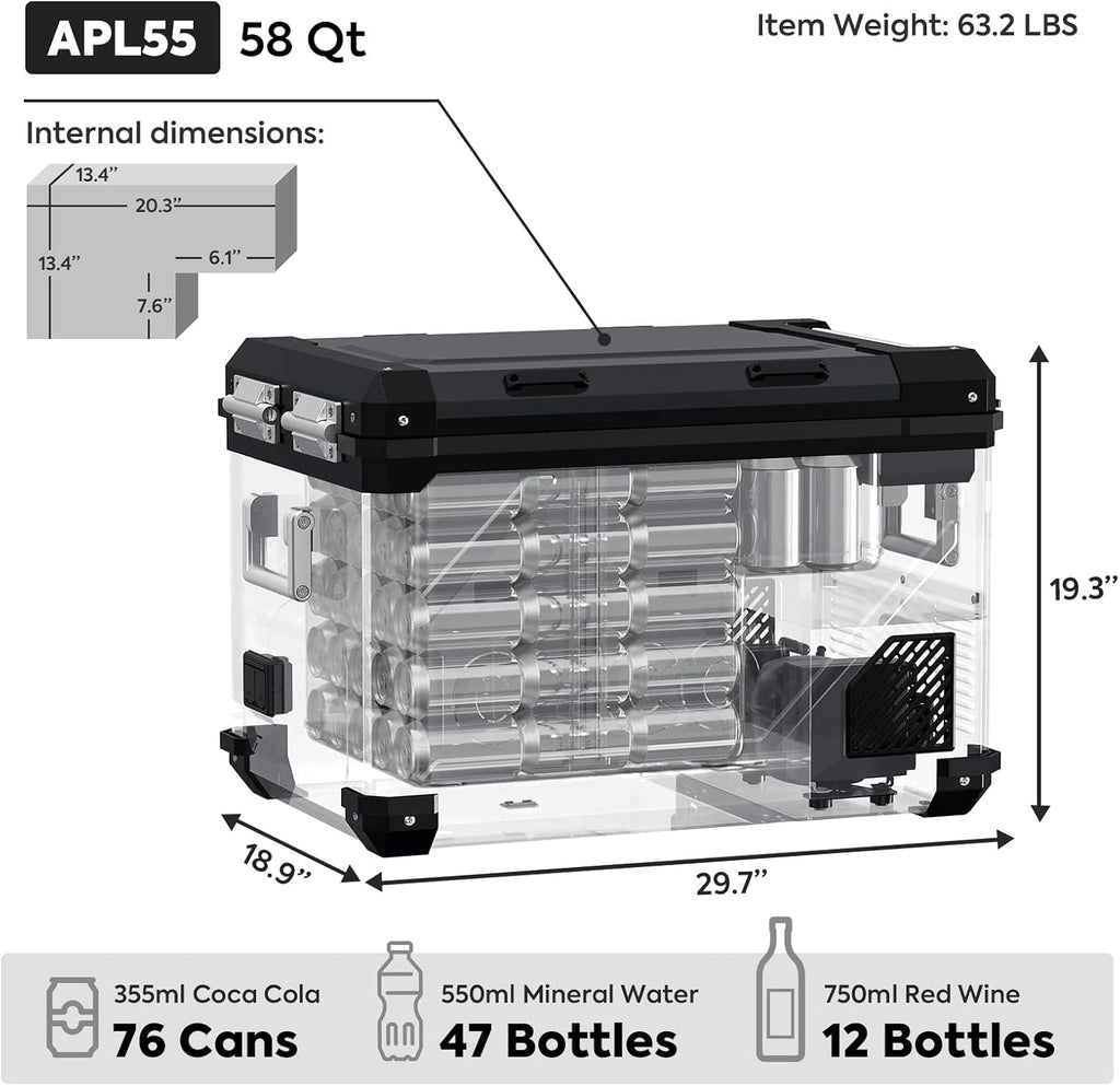 ICECO APL55 Dual Zone Portable Refrigerator Freezer Bluetooth Controlled, 55 Liter 12v refrigerator with SECOP Compressor, DC 12/24V, AC 110-240V, for Truck, Car and Home, -4℉~68℉ (Black)