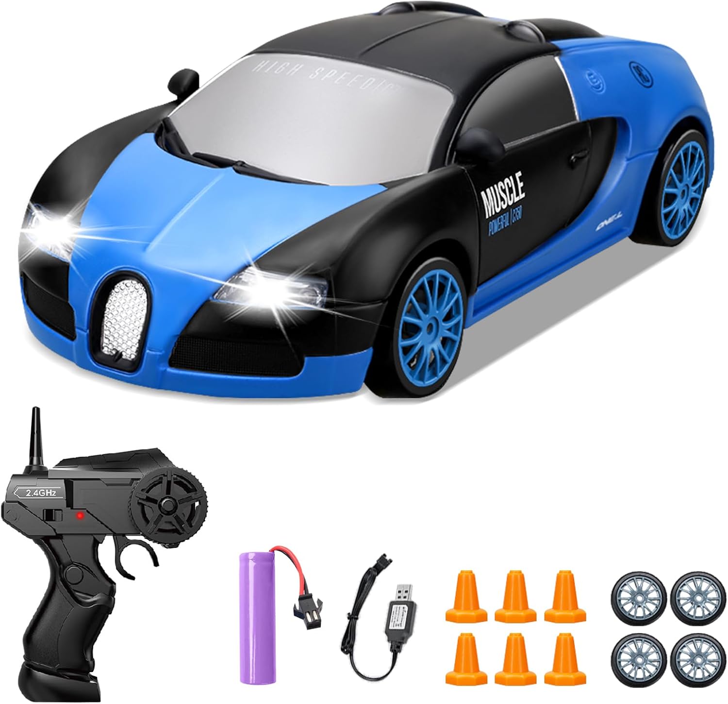 RC Drift Car, 1:24 4WD Drifting RC Cars 2.4GHz High Speed Remote Control Car with LED Light and Drift Tires Racing Toy Cars for Kids Boys Girls Adults, Blue