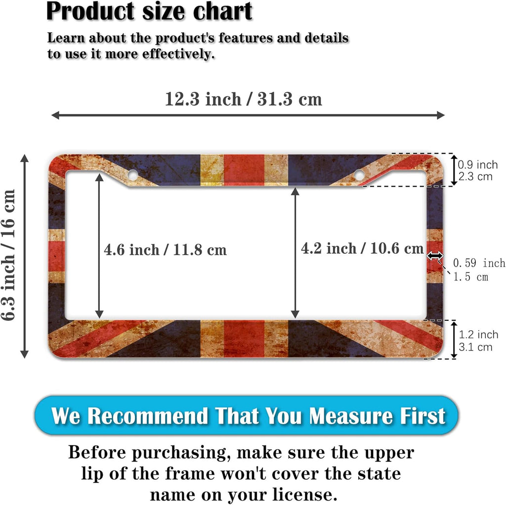 License Plate Frame Multicolor License Plate Protector Great Britain Vintage Old Flag Aluminum Metal Car Accessory 2 Pack with Screw Covers Set