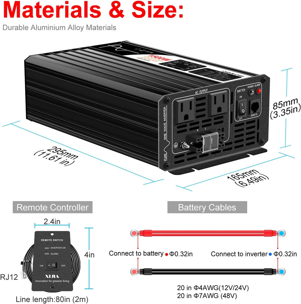 Xijia 1500W(Peak Power 3000W) 48v to 120v Pure sine Wave 60HZ Solar Inverter for Home Use car (DC48V (Range 40V-60V) 1500W)