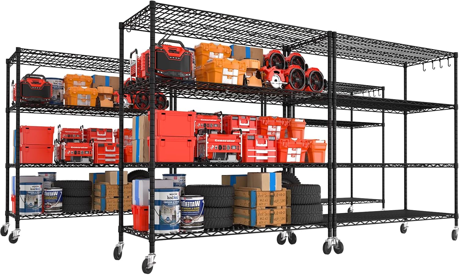 PrimeZone 5 Packs 55.5" W x 24" D x 80" H Heavy Duty Wire Storage Shelves with Wheels, 4 Tier Adjustable NSF Certified Garage Shelving Unit, Rolling Metal Organizer Shelf Rack for Warehouse, Pantry