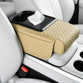 Car Center Console Cover, Armrest Cover for Storing Water Cups, Tissues, Cards, and Phones, 4-in-1 Center Cover with Soft Leather and High Resilience Memory Foam (Light Beige)