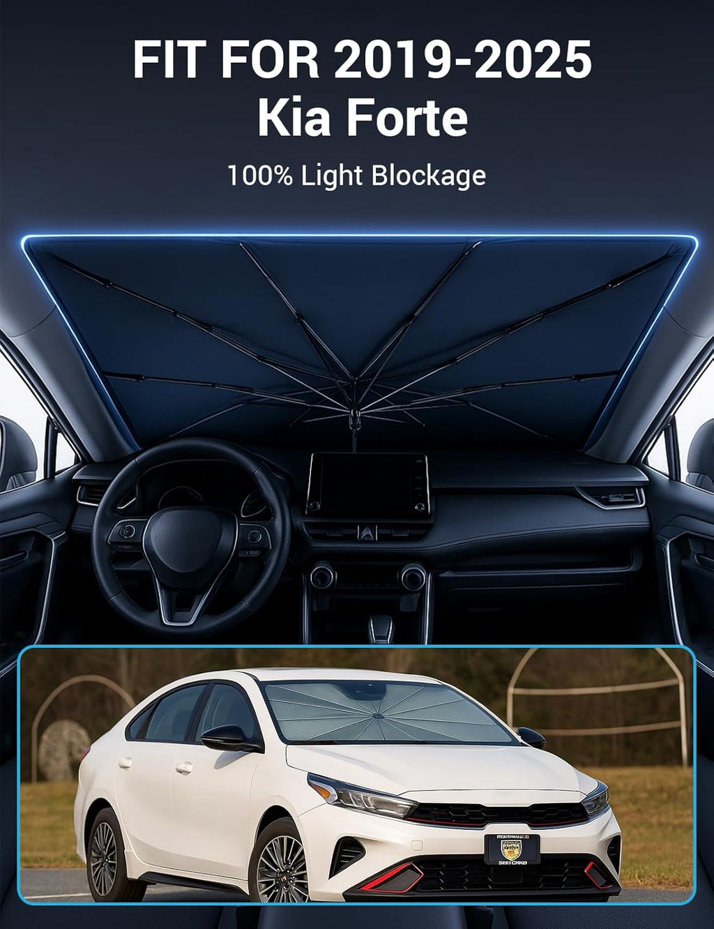 Proadsy Windshield Sun Shade Umbrella for Kia Forte 2019-2025 Foldable Car Umbrella Sunshade with Soft TPU Handle Spring Structure Crystal Cooling Material Protect Car from Rays & Heat