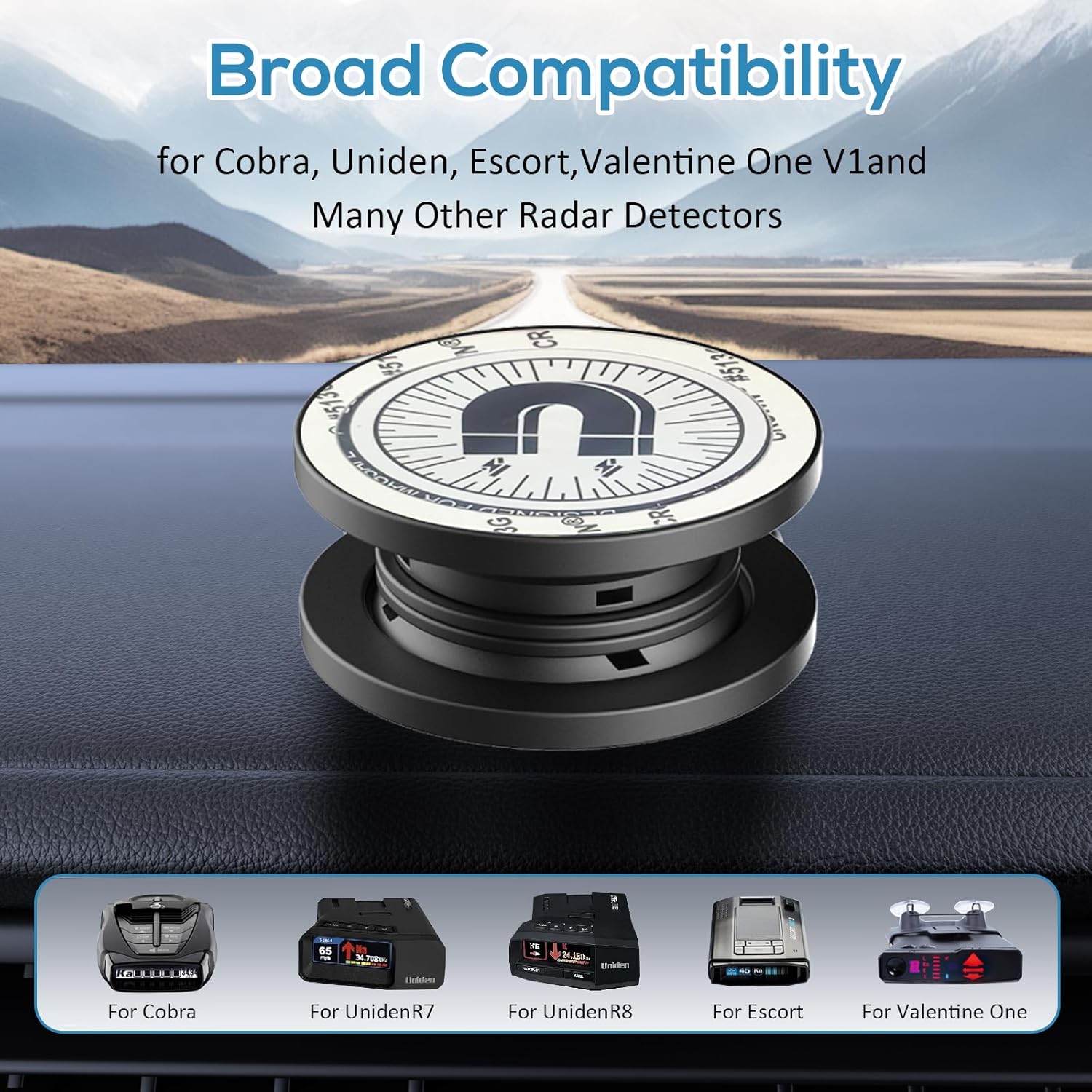 Magnetic Radar Detector Dashboard Mount - Adhesive Holder for Escort,Cobra，Uniden, Valentine One，All Radar Models - Anti-Vibration Stable Fit, Unobstructed View Design - Universal Car Accessory