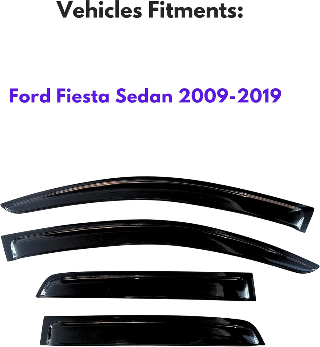 KPY Window Visor Compatible with Ford Fiesta Sedan 2009-2019, 4PC Rain Guard Side Window Vent Deflectors Tape-On Style, 2009 2010 2011 2012 2013 2014 2015 2016 2017 2018 2019 (Sedan Only)
