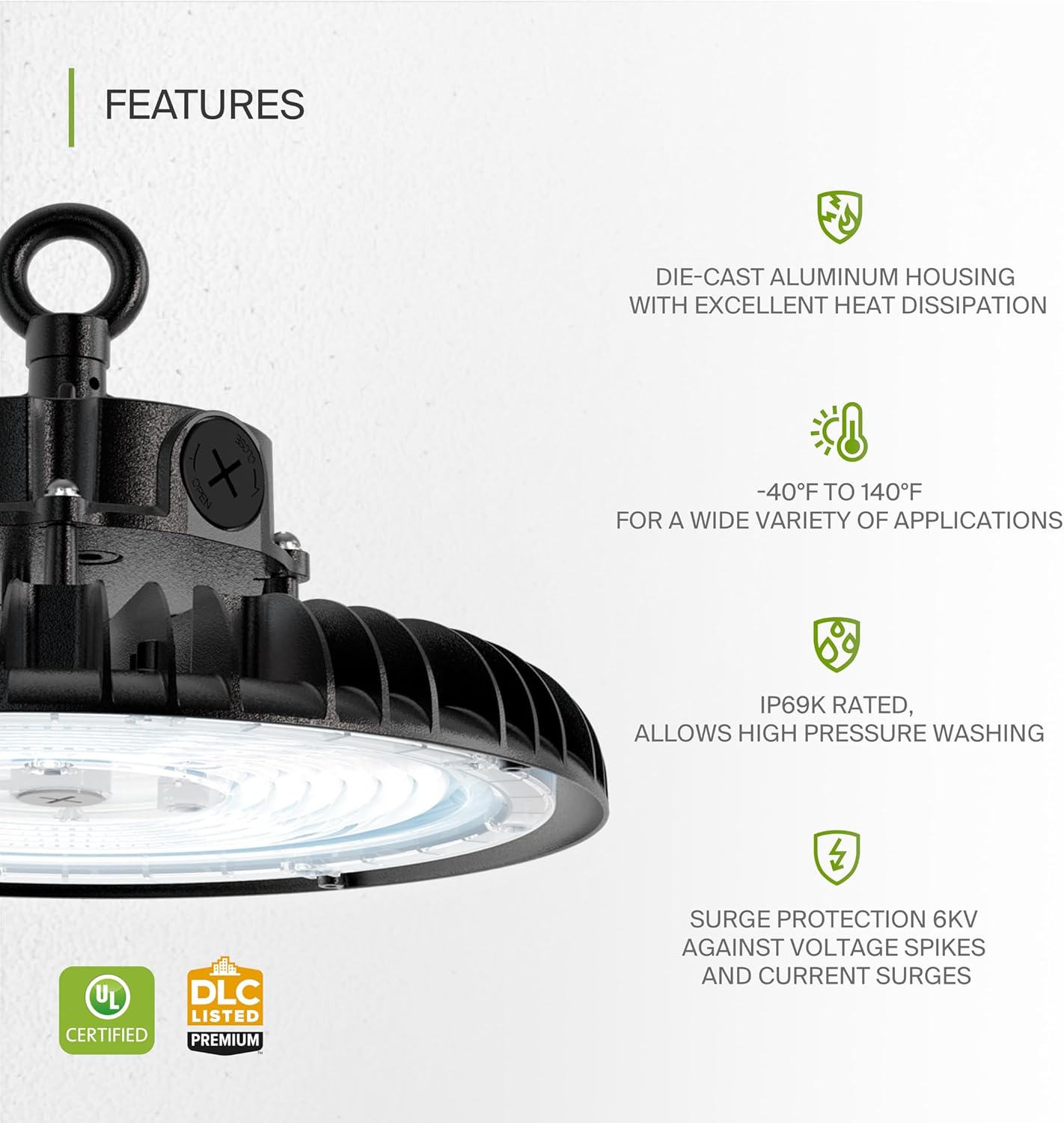ASD LED High Bay UFO Light Fixture, Commercial Shop Lighting | Dimmable, IP69K Waterproof, DLC Premium, UL Listed | 150W 23000LM 5000K 100-277V | Warehouse, Garage, Workshop, Barn Lamp | Black, 6 Pack