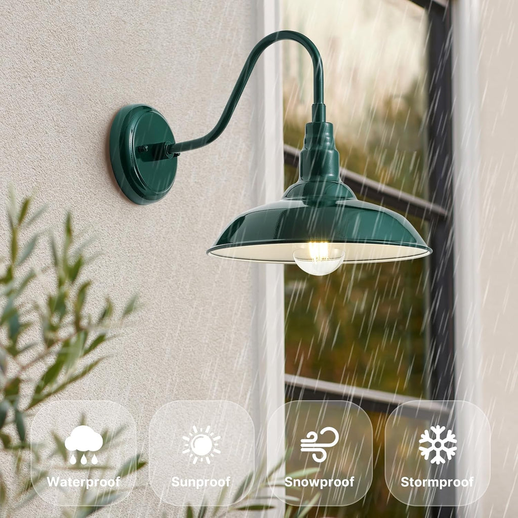 10'' Dome Outdoor Gooseneck Barn Light Fixture with Wall Mount, Green Exterior Porch Barn Door Lighting, Farmhouse Style Outside Porch Gooseneck Wall Sconce for Patio, Yard, Garage, House